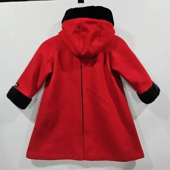 Stephanie Matthews Girls 100% Wool Red Jacket Coat Black Velvet Size 5 Long Hood